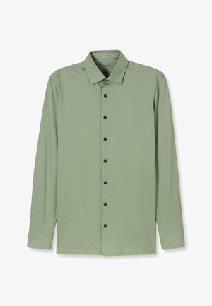 Hellgrünes Langarmhemd mit klassischem Kragen, dunkelgrünen Knöpfen und einem glatten, strukturierten Stoff.