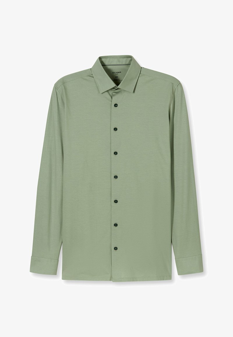 Hellgrünes Langarmhemd mit klassischem Kragen, dunkelgrünen Knöpfen und einem glatten, strukturierten Stoff.