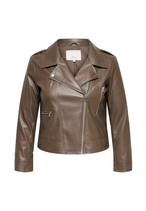 Bruine neplederen motorjas met asymmetrische zilveren rits, twee ritssluitingen en brede reverskraag, afgebeeld op een witte achtergrond.