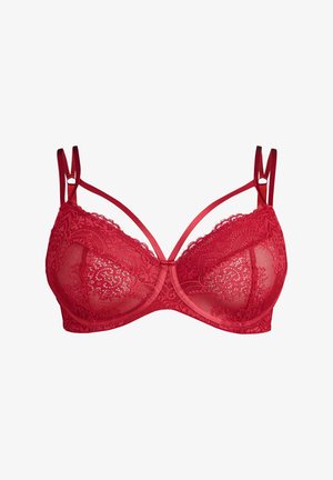 Roter Spitzen-BH mit Unterdraht, der über aufwendige Blumenmuster, verstellbare Träger und ein transparentes, strukturiertes Finish verfügt.