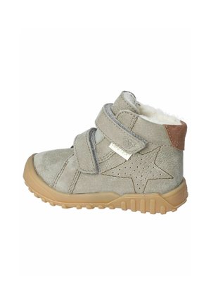 Graue Wildleder-Ankleboots mit zwei Klettverschlussriemen, einem braunen Lederakzent und einem sternförmigen Design an der Seite; Gummisohle.