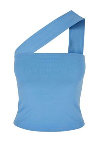 Ljusblå tanktopp med en enda bred axelrem, figurnära design och mjuk, elastisk tyg. Inga mönster eller ytterligare detaljer.