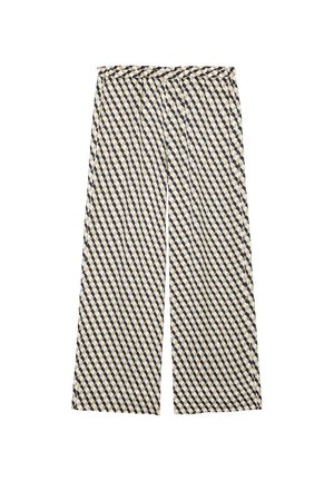 Gemusterte weite Hosen mit einem Rautenmuster in Marineblau und Beige, gefertigt aus leichtem Stoff mit einer strukturierten Oberfläche.