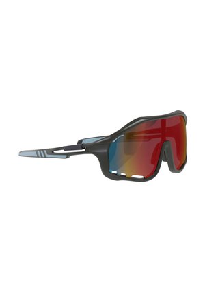 Black sports sunglasses with a single curved red mirrored lens and ventilated frame sides on a white background.