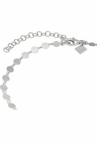 Sølv kædearmbånd med runde og ovale led, en lås med en firkantet charme og en glat, poleret overflade.