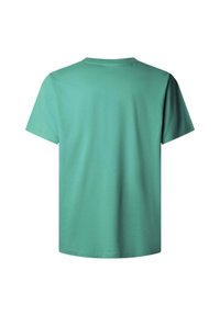 Enkelt grøn bomuld T-shirt med korte ærmer set bagfra med rund hals på hvid baggrund.