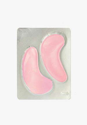 Pink gel eye patches in a clear plastic tray, shaped like crescent moons, with a textured silver background.