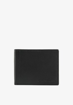 Fekete bőr pénztárca texturált felülettel, két hajtással, két kártyafakkal és diszkrét logóval a jobb alsó sarokban.