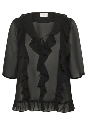 Bluza neagră din material semitransparent, cu guler volă și detalii cu fundă la gât, precum și un tiv volă. Prezintă mâneci medii late și o textură ușoară.