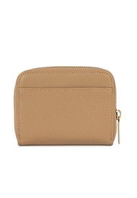 Portafoglio in pelle texture marrone chiaro con chiusura a zip, dotato di una zip liscia e uno slot per schede sul retro, dalla forma rettangolare compatta.