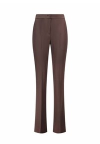 Pantalons tailleurs marron avec une texture lisse, semblable à du satin. Équipés d'une taille plate et de jambes droites, offrant une silhouette élégante.