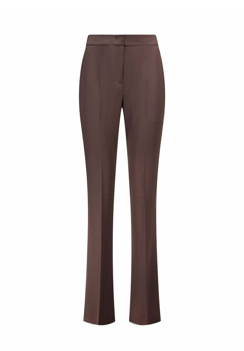 Pantalons tailleurs marron avec une texture lisse, semblable à du satin. Équipés d'une taille plate et de jambes droites, offrant une silhouette élégante.