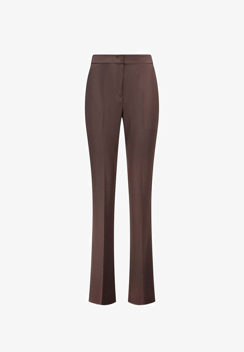 Pantalons tailleurs marron avec une texture lisse, semblable à du satin. Équipés d'une taille plate et de jambes droites, offrant une silhouette élégante.