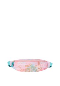 Marsupio rosa con un motivo a foglia tropicale, caratterizzato da un testo dorato "happy", chiusura con zip e una tracolla regolabile turchese.