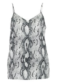 Cami-top med svart och vit ormskinnsdesign, tillverkad av slät tyg med tunna axelremmar och V-ringning.