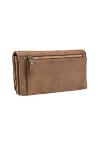 Portafoglio in pelle marrone con una texture liscia, dotato di un compartimento con zip, bordi cuciti con cura e un design compatto e rettangolare.