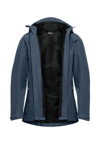 Dark blue waterproof jacket with hood, open front zipper, zippered side pockets, and black mesh inner lining.