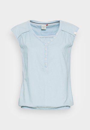 Svetlomodrý krátky rukáv top vyrobený z bavlny, s gombíkovou prednou légou, dekoratívnym prešívaním a detailmi na zhrnutom leme.