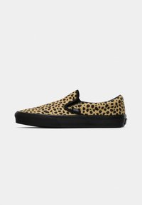 Cipele za klizanje s gornjim dijelom u smeškanom i crnom leopardskom uzorku i crnom gumenom potplatu, s oznakom marke Vans sa strane.