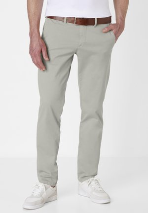 Light gray chinos made of smooth fabric, featuring a straight leg design, side pockets, and a brown leather belt with silver hardware.