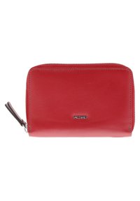 Red leather wallet with a zip closure, featuring a smooth texture and a silver logo accent. Compact, rectangular design.