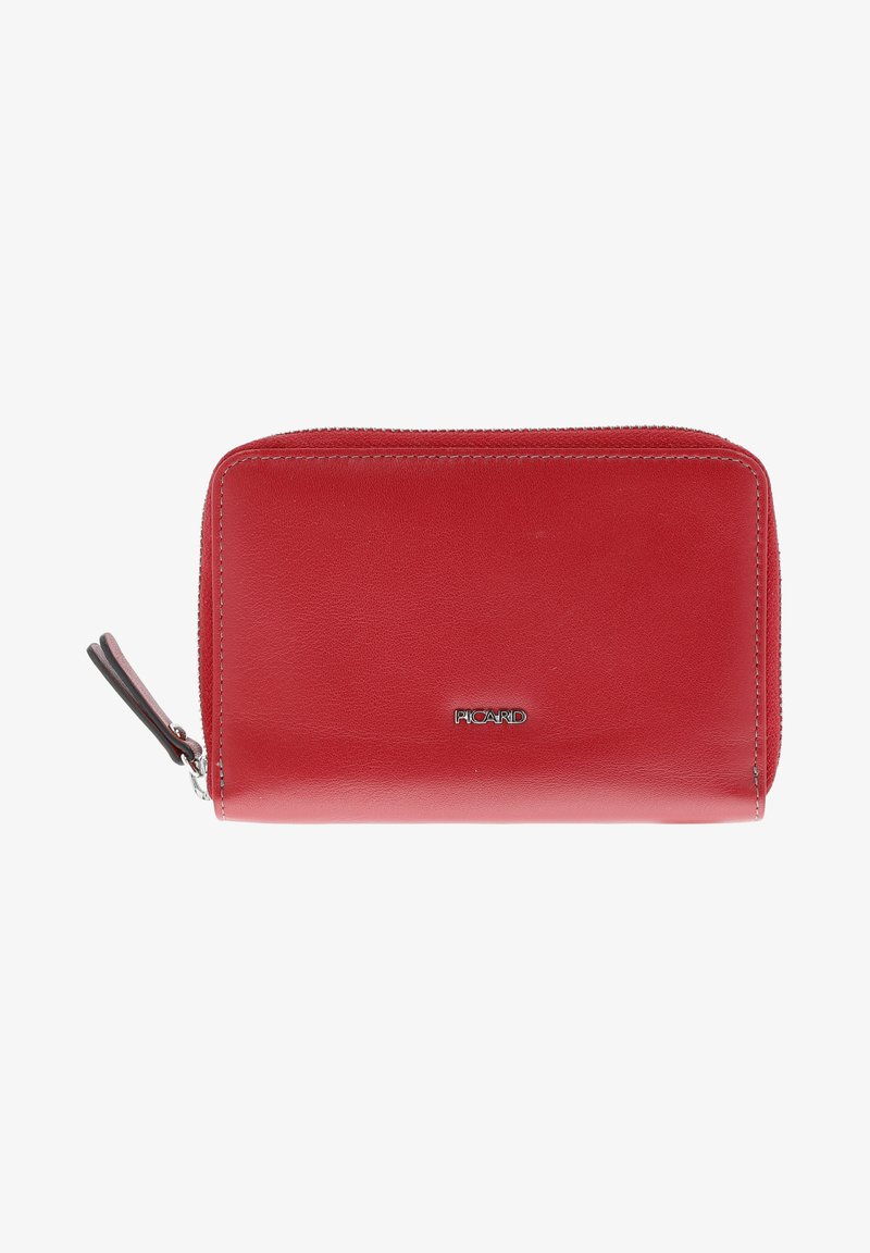 Red leather wallet with a zip closure, featuring a smooth texture and a silver logo accent. Compact, rectangular design.