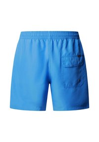 Bañador azul para hombre con cintura elástica y un bolsillo trasero con solapa y pequeño orificio de ventilación.