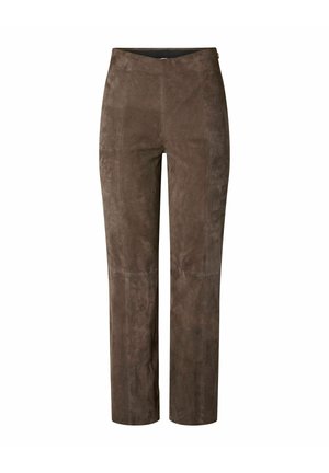 Pantalon droit en daim marron à taille haute, sans poches ni fermetures visibles, sur fond blanc.