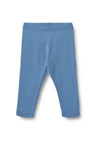 Leggings en coton doux bleu pour tout-petit avec taille élastique, présentés à plat sur un fond blanc.