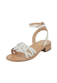 Sandalo bianco in pelle con tomaia testurizzata, caratterizzato da un design intrecciato e una fascia alla caviglia. Tacco in legno basso per stabilità.