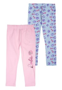 Due paia di leggings per bambini: uno di colore rosa uniforme con il logo "Barbie" in argento, l'altro di un azzurro chiaro con un motivo di loghi "Barbie" viola.