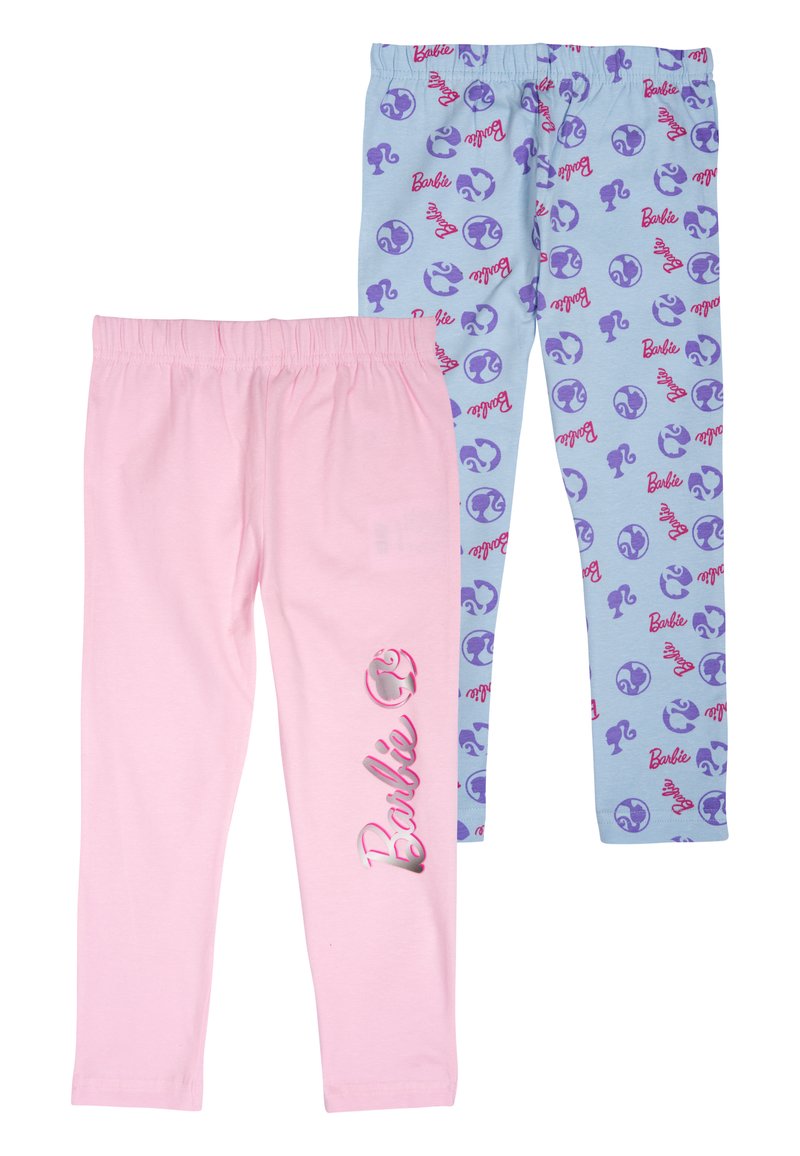 Due paia di leggings per bambini: uno di colore rosa uniforme con il logo "Barbie" in argento, l'altro di un azzurro chiaro con un motivo di loghi "Barbie" viola.