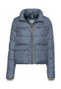 Gewatteerde jas in marineblauw met een hoge kraag, een rits aan de voorkant en twee grote opgestikte zakken. Heeft een soepele, glanzende textuur.