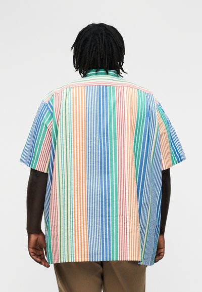 Άτομο με σκουρόχρωμο δέρμα και κοτσίδες, που φοράει φαρδιά κοντομάνικη μπλούζα με κάθετες ρίγες σε μπλε, πορτοκαλί, πράσινο και κόκκινο, εμφανιζόμενο από την πίσω όψη.