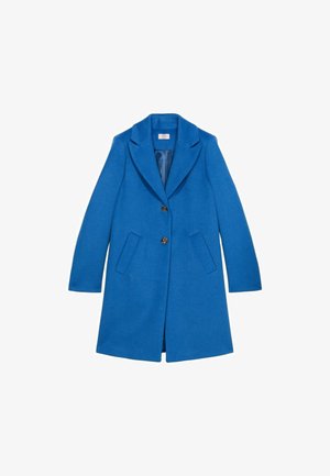 Cappotto di lana blu con colletto a punta, due tasche frontali e chiusura a due bottoni. Presenta una fodera interna liscia.