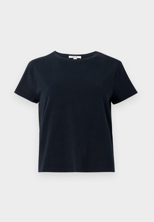 Mørk marineblå kortærmet T-shirt, lavet af blød bomuld, med rund halsudskæring og en afslappet pasform. Ingen synlige mønstre eller accenter.
