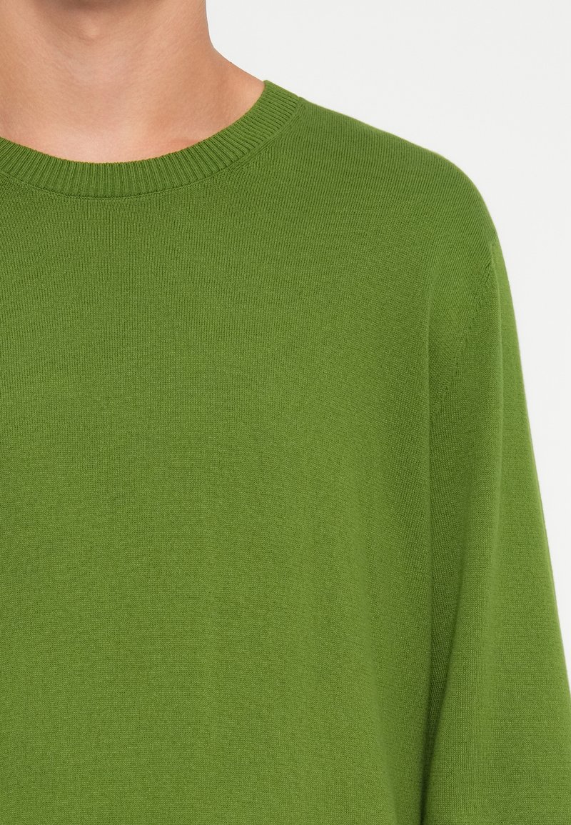 Zielony sweter z dzianiny o okrągłym dekolcie, gładkiej fakturze i ściągaczu, pokazujący zbliżenie na tkaninę i dopasowanie.