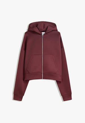 Maroon cropped zip-up hoodie with front pockets and long sleeves, displayed flat on a white background.