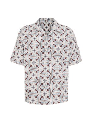 Korte mouwen overhemd met knoopsluiting en geometrisch bloemmotief en abstract patroon in blauwe, bruine en witte tinten.