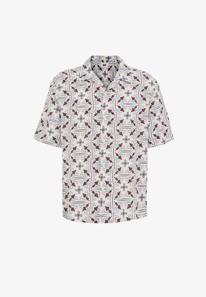 Cămașă cu mâneci scurte și nasturi, cu model geometric floral și abstract în tonuri de albastru, maro și alb.