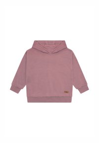 Felpa con cappuccio mauve per bambini, a maniche lunghe e con polsini a coste, esposta piana su uno sfondo bianco.