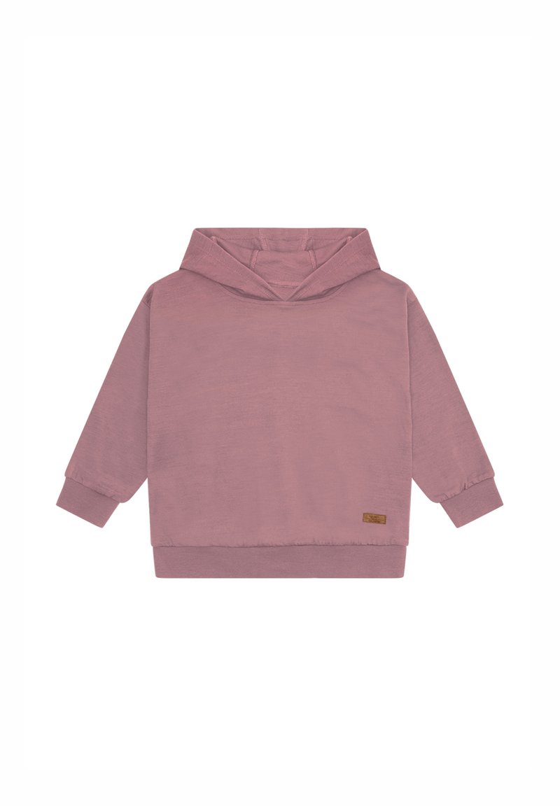 Felpa con cappuccio mauve per bambini, a maniche lunghe e con polsini a coste, esposta piana su uno sfondo bianco.