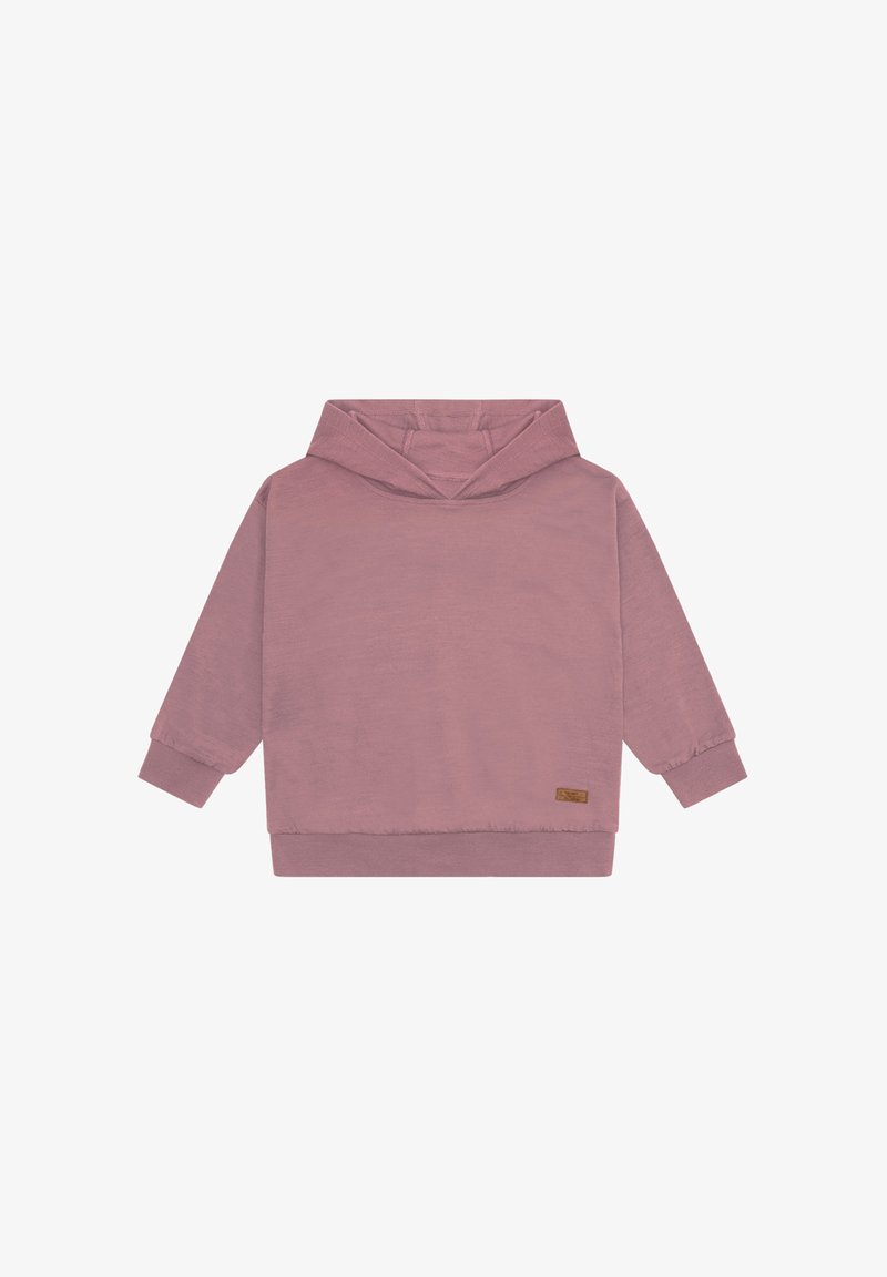 Felpa con cappuccio mauve per bambini, a maniche lunghe e con polsini a coste, esposta piana su uno sfondo bianco.