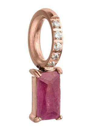 Rose gold pendant with a circular bail set with five clear stones and a rectangular pink gemstone hanging below in a prong setting.