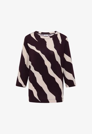 Top a righe viola e beige con maniche a tre quarti, realizzato in tessuto morbido. Presenta un'ampia scollatura e un motivo astratto.