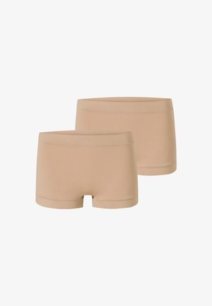 Boxer beige in misto cotone con fascia elastica in vita, texture liscia e design semplice senza cuciture. Due paia in mostra.