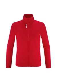 Veste en polaire rouge avec col montant, fermeture éclair sur toute la longueur et détail de logo. Comprend des poches latérales et un tissu texturé pour plus de chaleur.