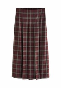Jupe en tartan rouge sombre et gris avec des plis. Présente un motif à carreaux et une texture lisse. L'ourlet est légèrement évasé.