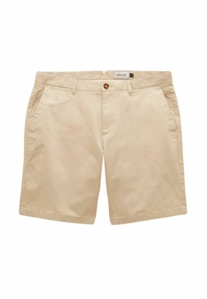 Beige Baumwollshorts mit Knopfverschluss, Gürtelschlaufen und Seitentaschen. Mit geradem Schnitt und ohne sichtbare Muster oder Verzierungen.