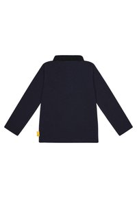 Navyblauw poloshirt met lange mouwen, voorzien van een zwarte kraag en een gele logotag, gemaakt van textuurstof met een ontspannen pasvorm.